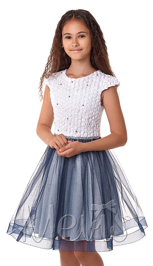 Нарядное платье Mevis белое с синим 2986-02 - цена