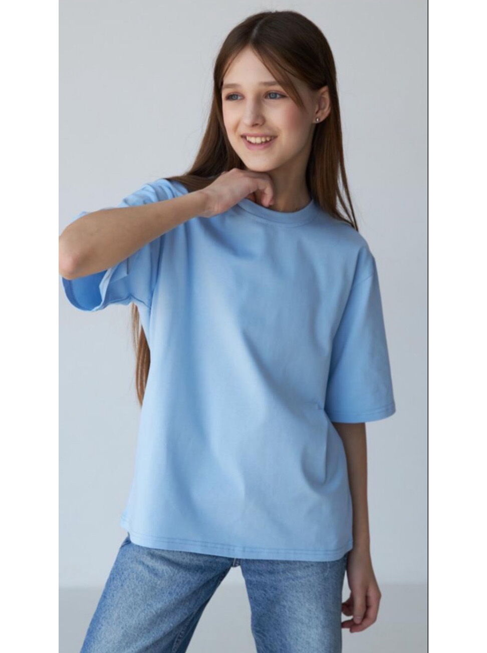 Базовая футболка оверсайз для девочки голубая 1904 - цена