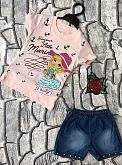 Комплект для девочки футболка и джинсовые шорты Девочка розовый