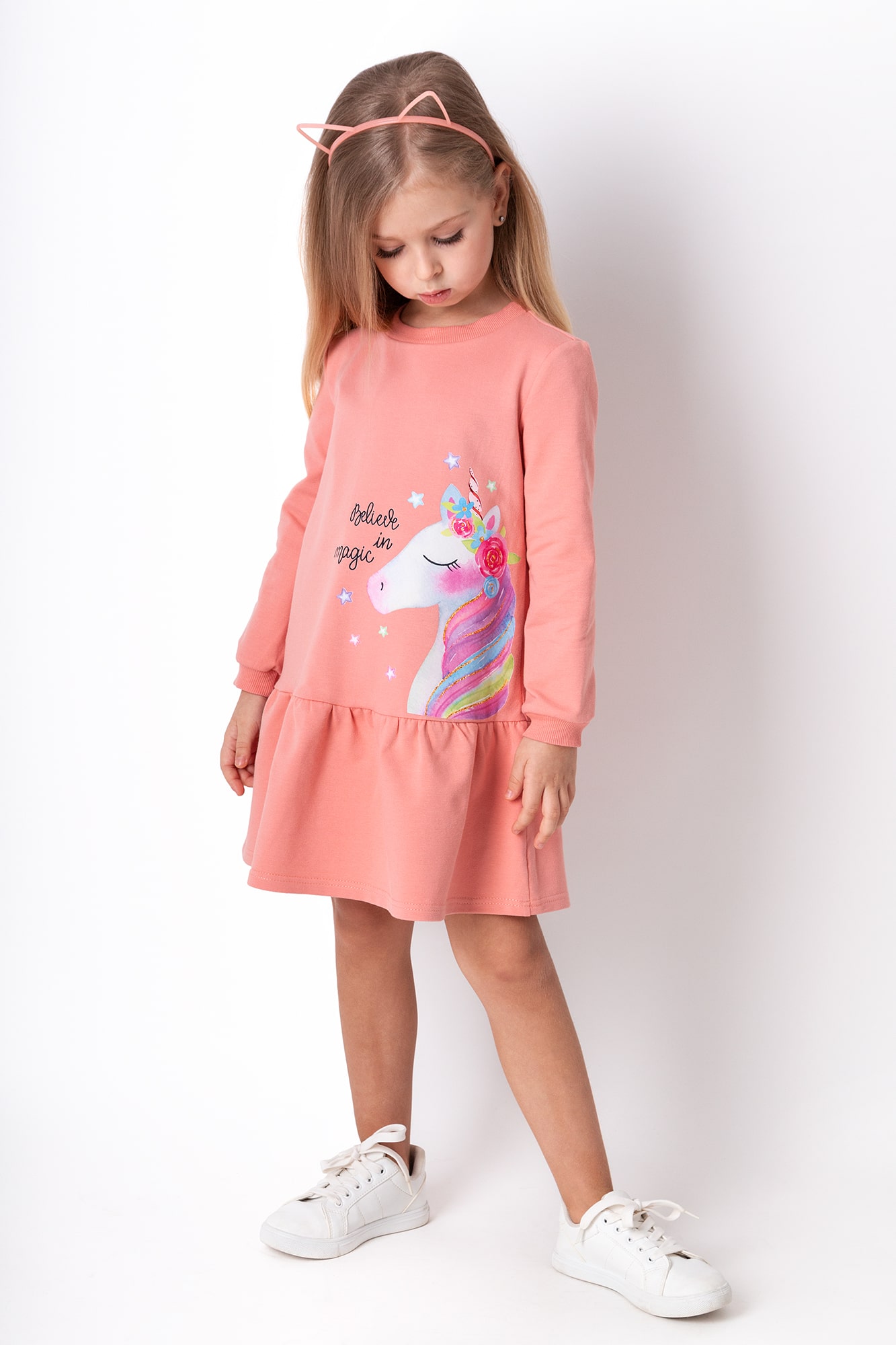Трикотажне плаття для дівчинки Mevis Єдиноріг персикове 4301-02 - ціна