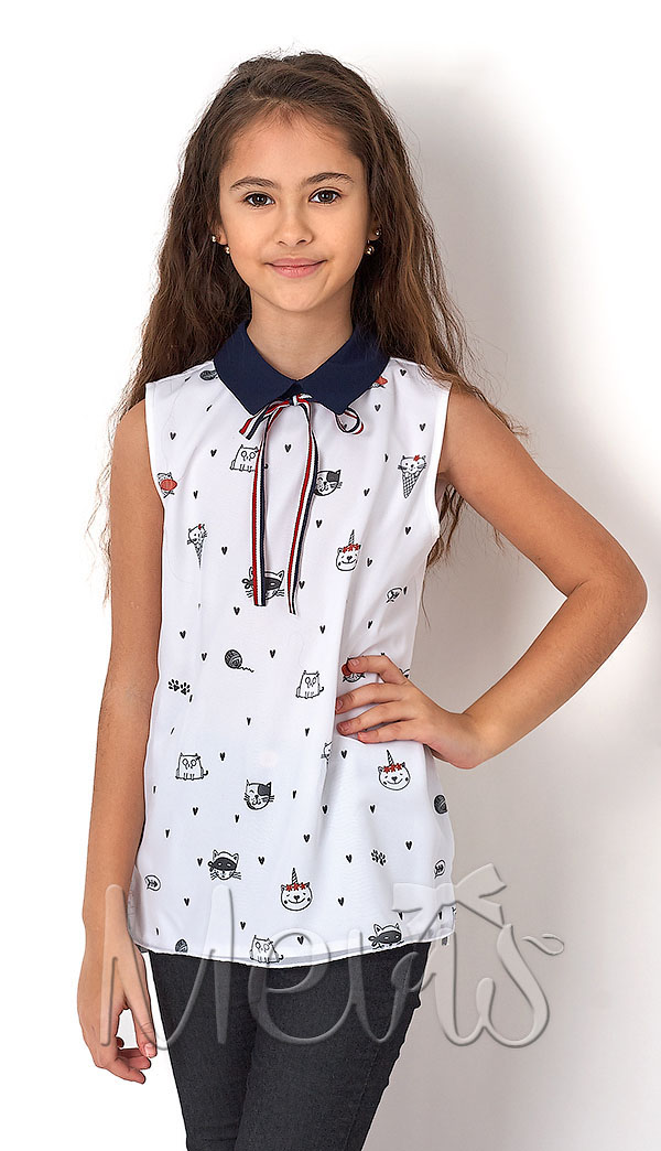 Блузка с коротким рукавом для девочки Mevis Коты белая 2491-02 - ціна