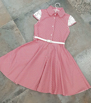 Платье с кружевным рукавом для девочки красная клетка - ціна