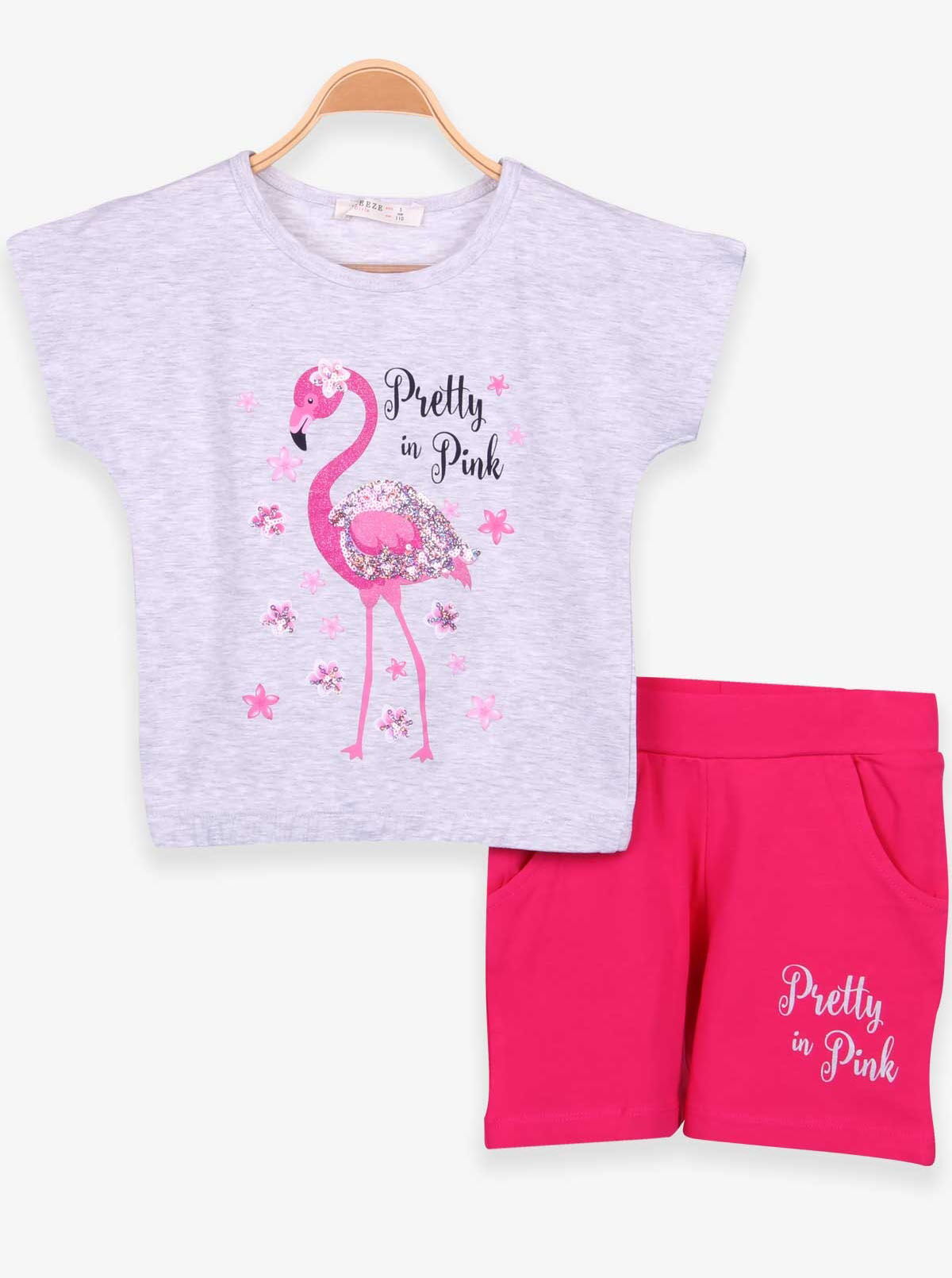Комплект футболка и шорты для девочки Breeze Фламинго серый 15160 - цена