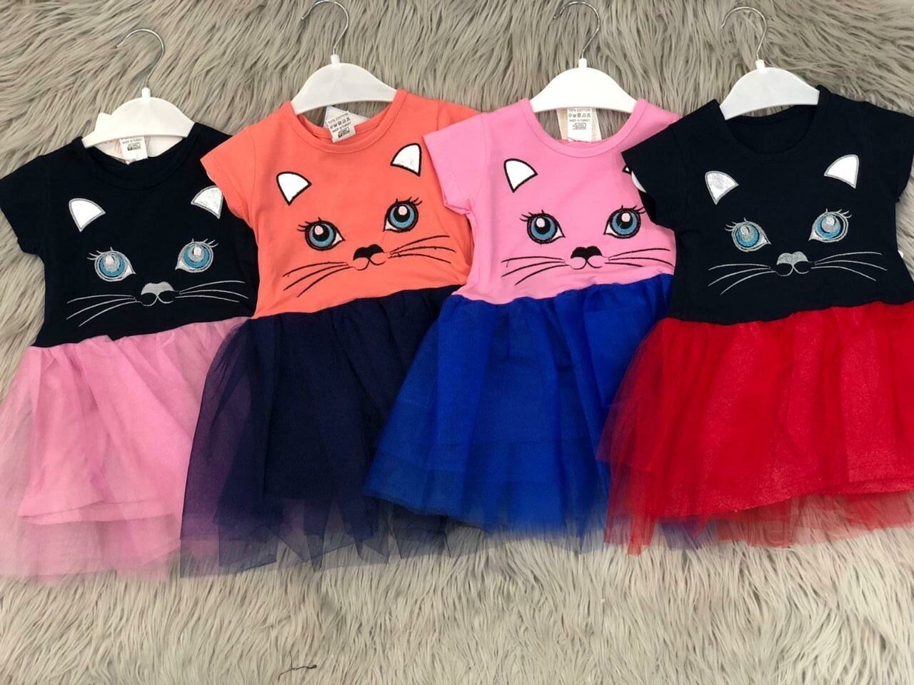 Платье для девочки Кошечка темно-синее с розовым 002 - фото