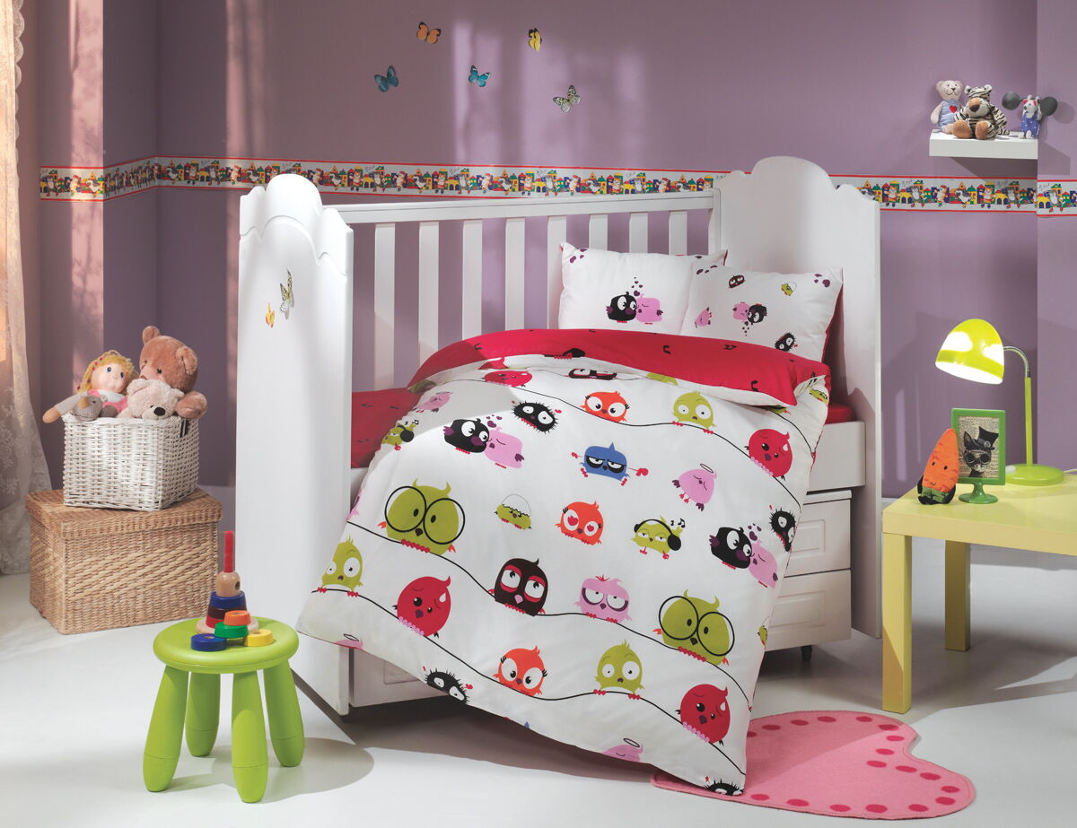 Комплект постельного белья в детскую кроватку HOBBY Sateen  Crazy Birds красный 100*150 - фото