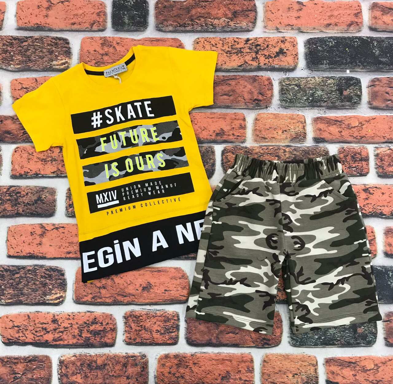 Комплект футболка и шорты для мальчика Милитари Камуфляж желтый 1092 - фото