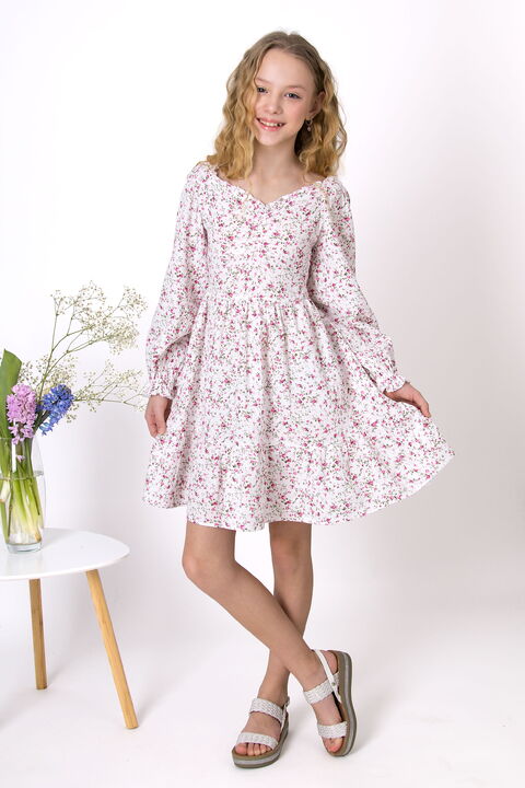 Платье для девочки муслин Mevis Цветочки белое с малиновым 5037-01 - цена