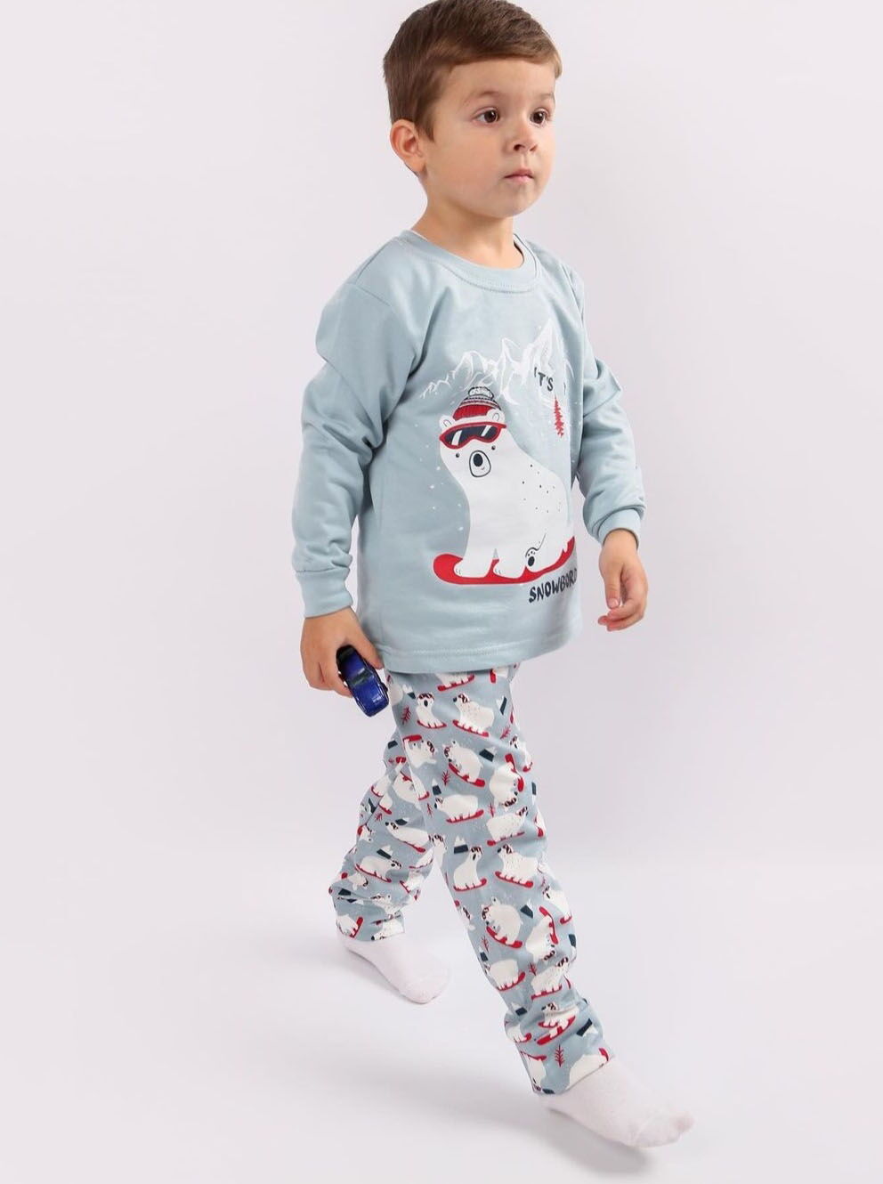 Утепленная пижама для мальчика Фламинго Мишка Snowboard серая 329-033 - цена