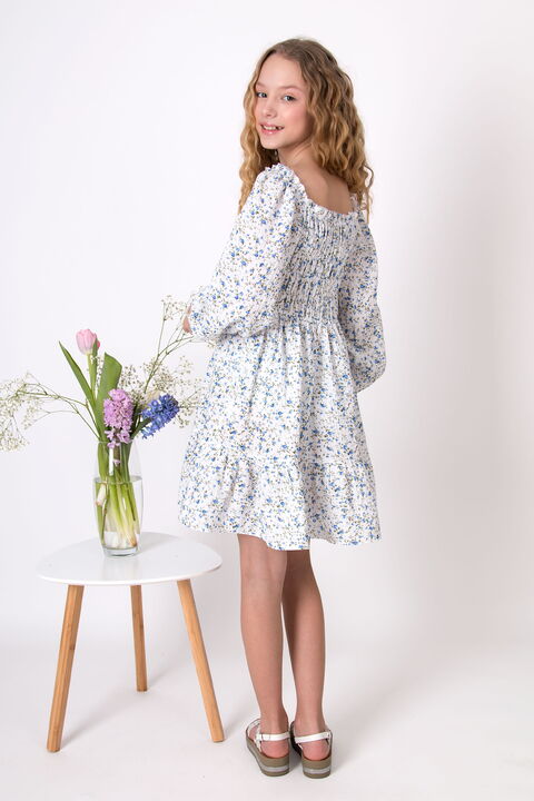 Платье для девочки муслин Mevis Цветочки белое с голубым 5037-02 - фото
