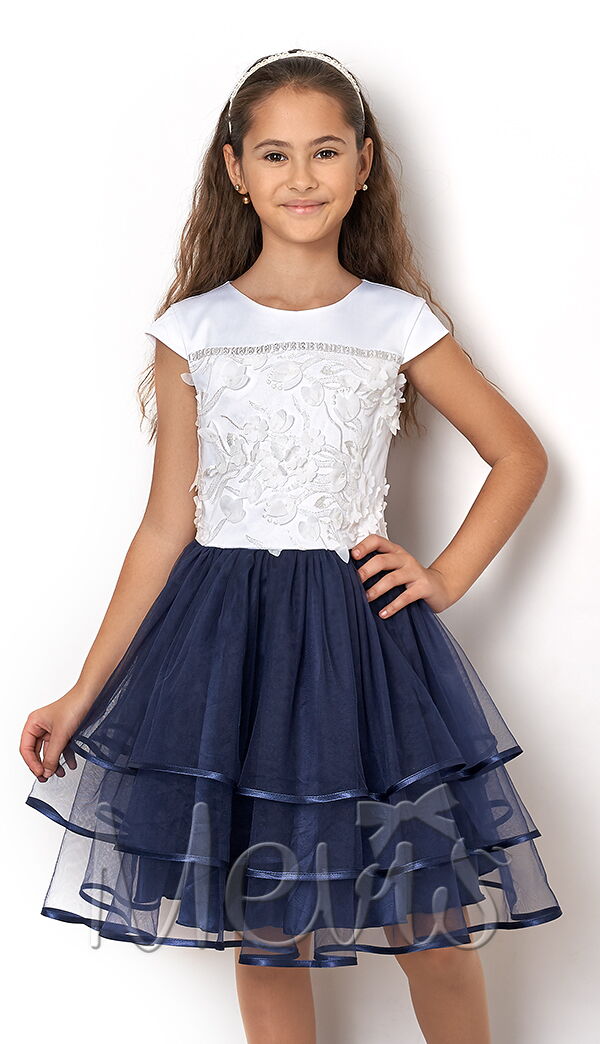 Платье нарядное для девочки Mevis белое с синим 2606-01 - цена