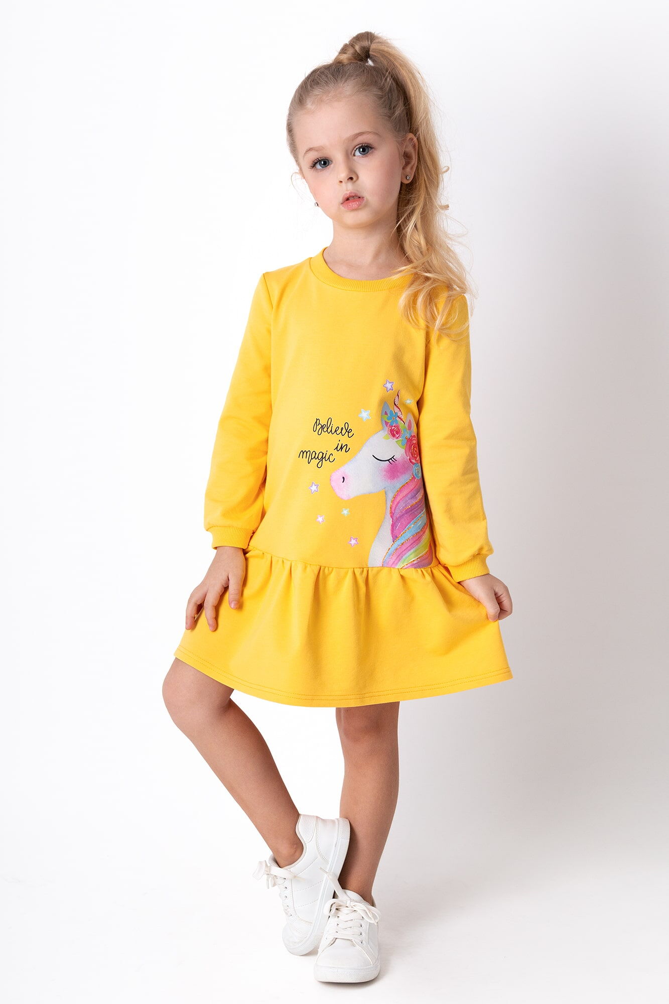Трикотажное платье для девочки Mevis Единорог желтое 4301-03 - цена