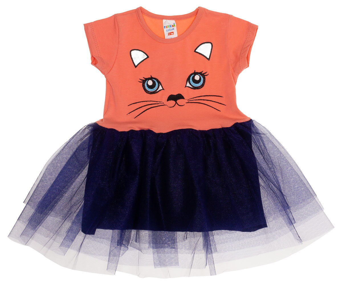 Платье для девочки Кошечка коралл с темно-синим 002 - фото