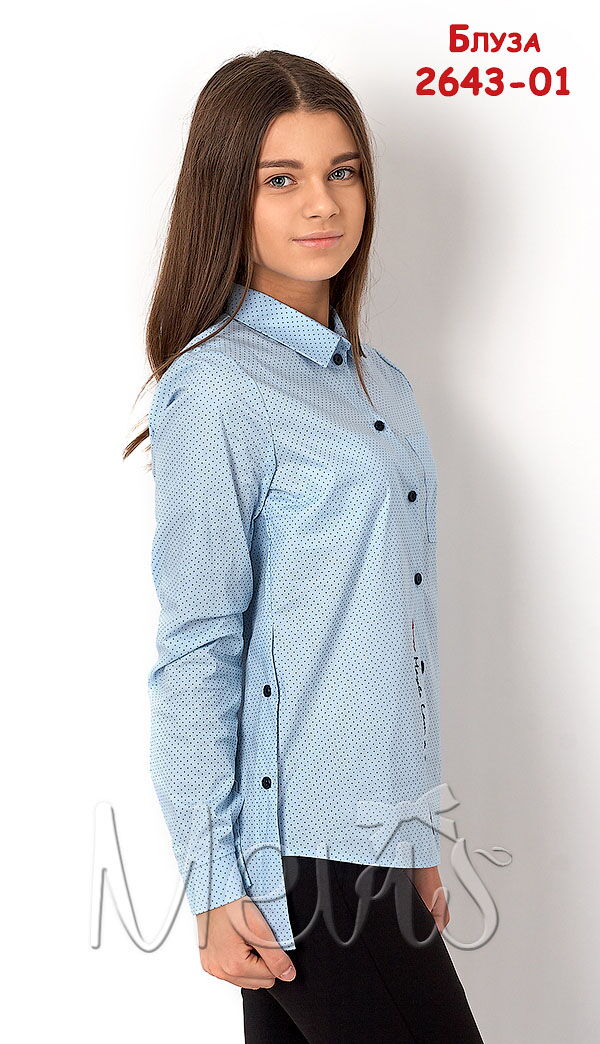 Блузка с длинным рукавом для девочки Mevis Горошек голубая 2643-01 - фото