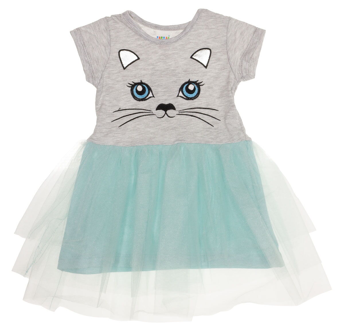 Платье для девочки Кошечка серое с мятным 002 - размеры