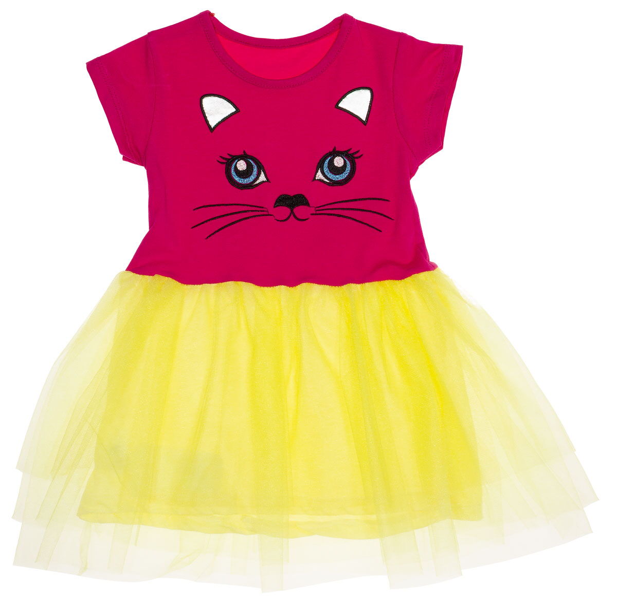 Платье для девочки Кошечка малиновое с желтым 002 - фото