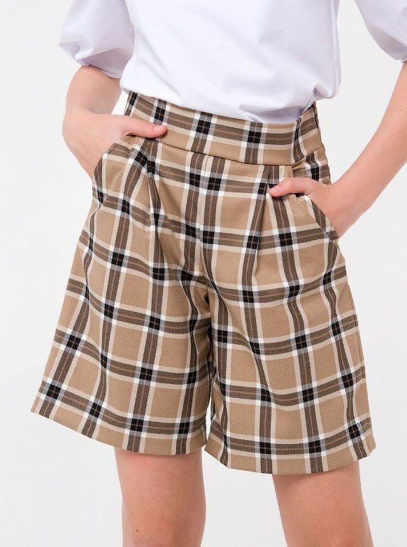 Школьные шорты-бермуды для девочки SMIL Клетка бежевые 112370 - цена