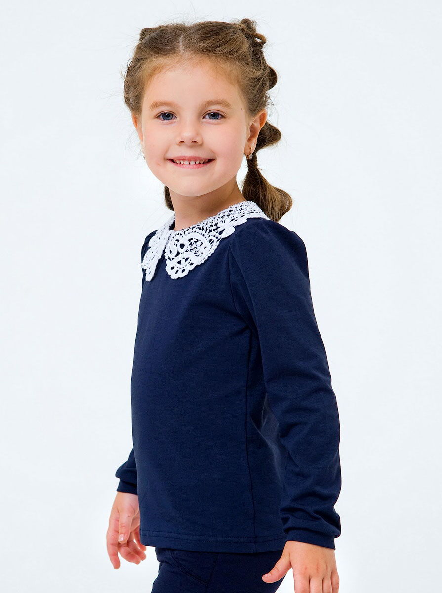 Блузка трикотажная с натуральным кружевом и длинным рукавом SMIL темно-синяя 114765 - фотография