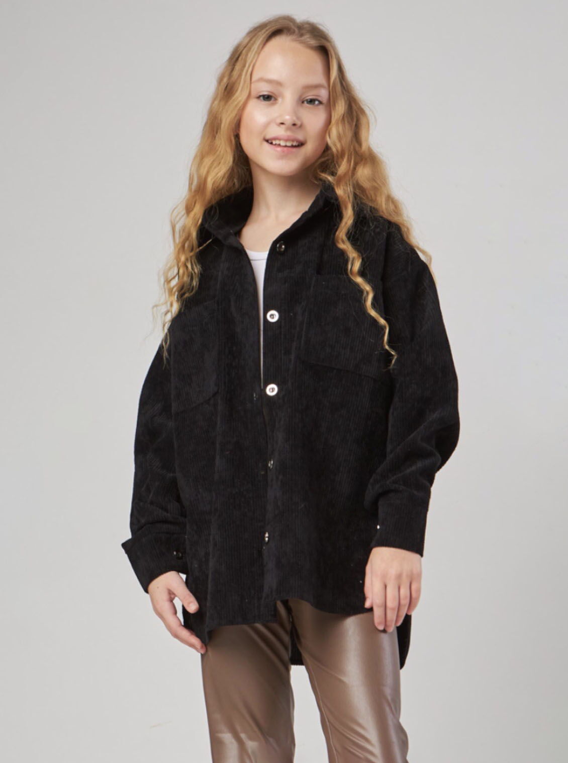 Стильная рубашка вельвет для девочки черная 0223 - цена