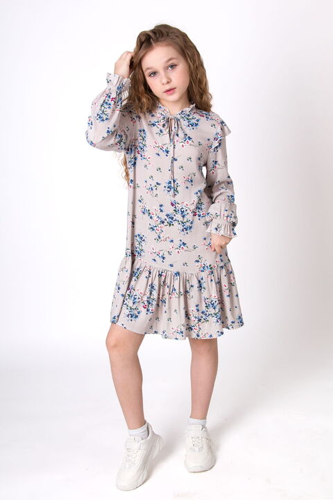 Платье для девочки Mevis Цветочки серое 4968-01 - цена