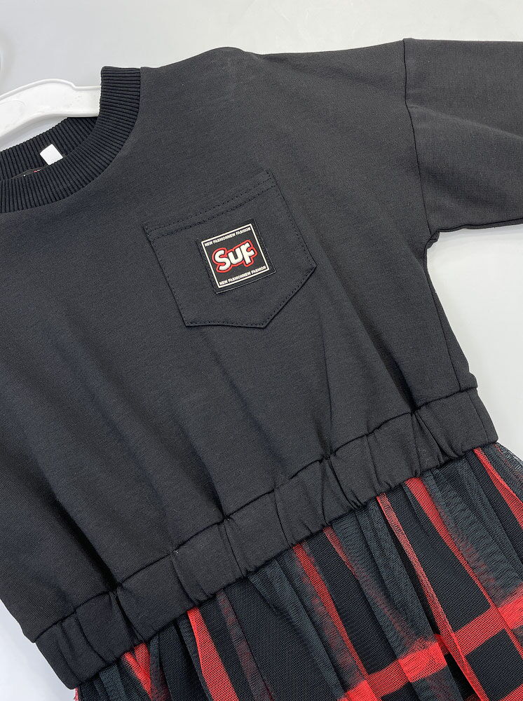 Трикотажное платье для девочки Mevis Клетка черное 3498-01 - фото