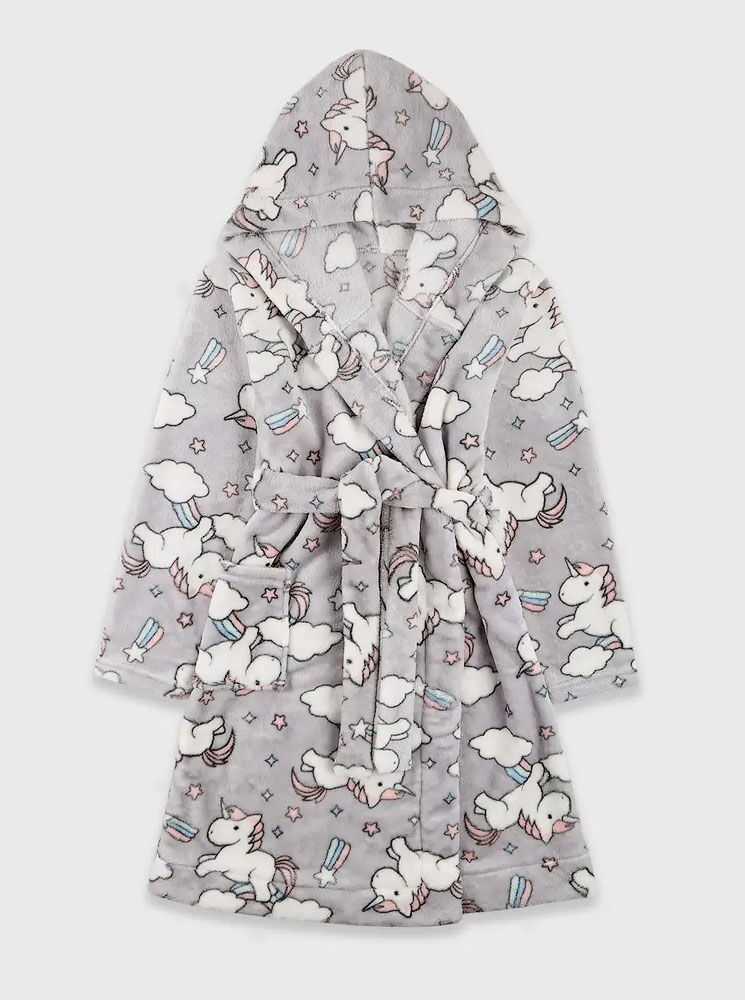 Теплый халат вельсофт для девочки Фламинго Единороги серый 883-910 - цена