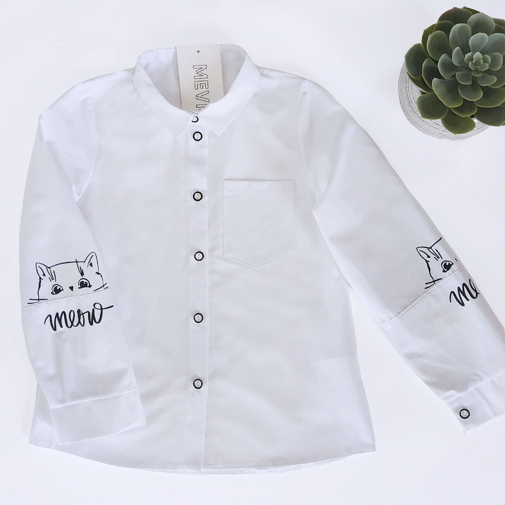 Рубашка для девочки Mevis Meow белая 4038-01  - размеры