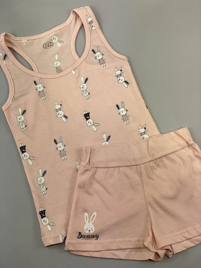Пижама майка и шорты для девочки Фламинго Зайчики персиковый 242-115 - фотография
