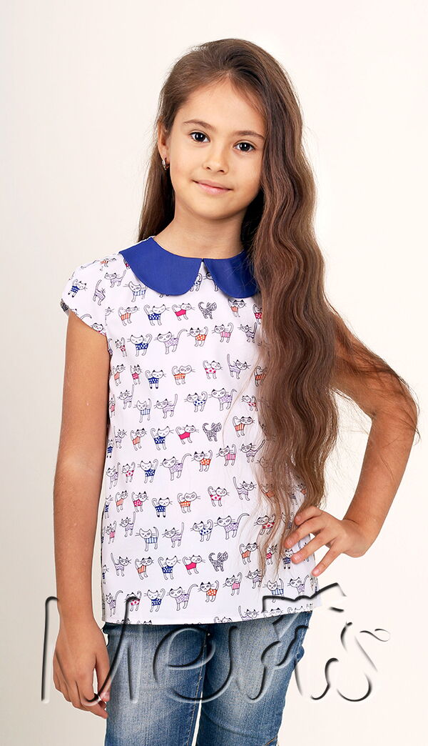 Блузка с коротким рукавом для девочки MEVIS Коты белая 2029 - цена