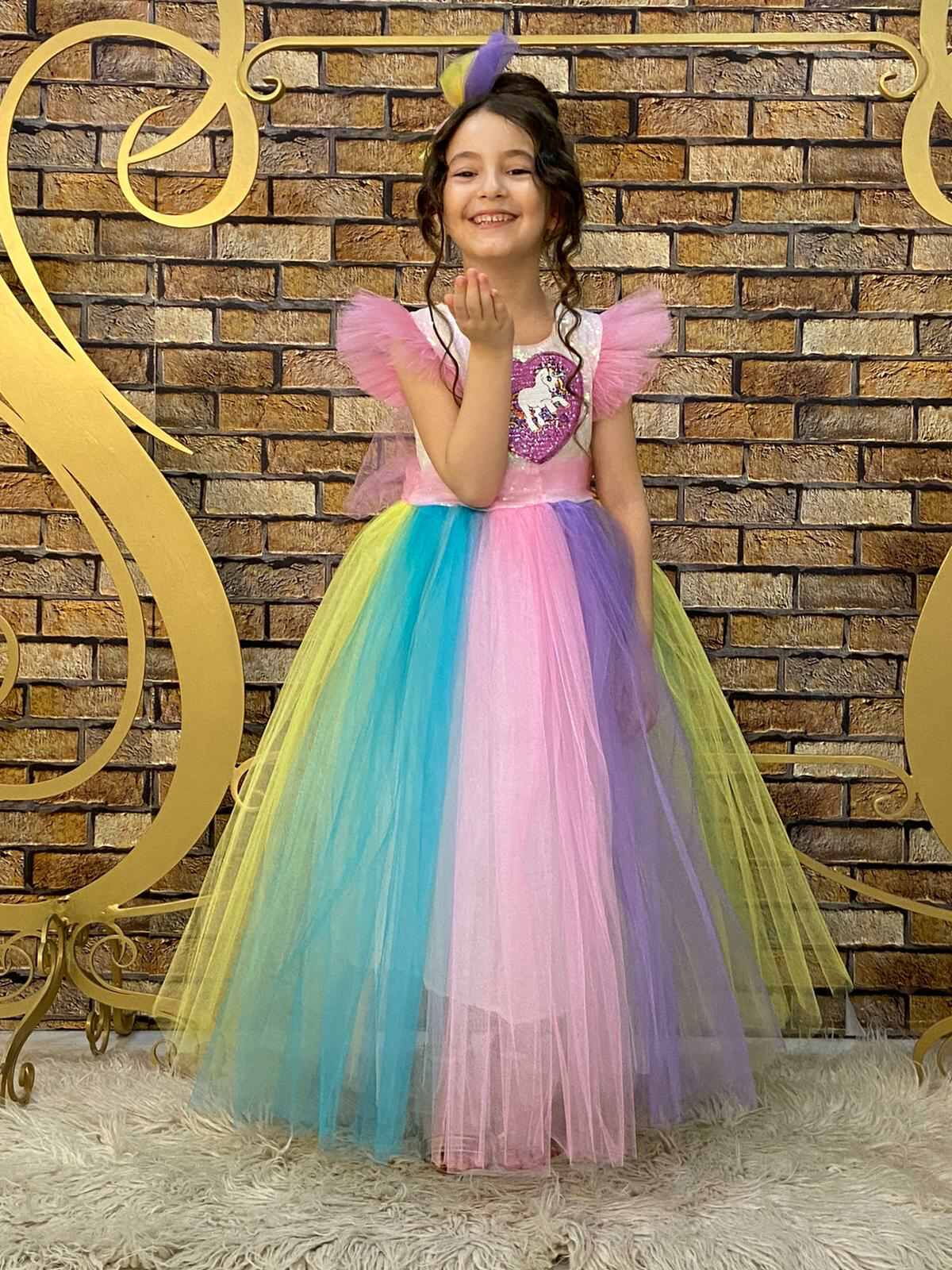 Длинное нарядное платье для девочки Единорог розовое 77715 - цена