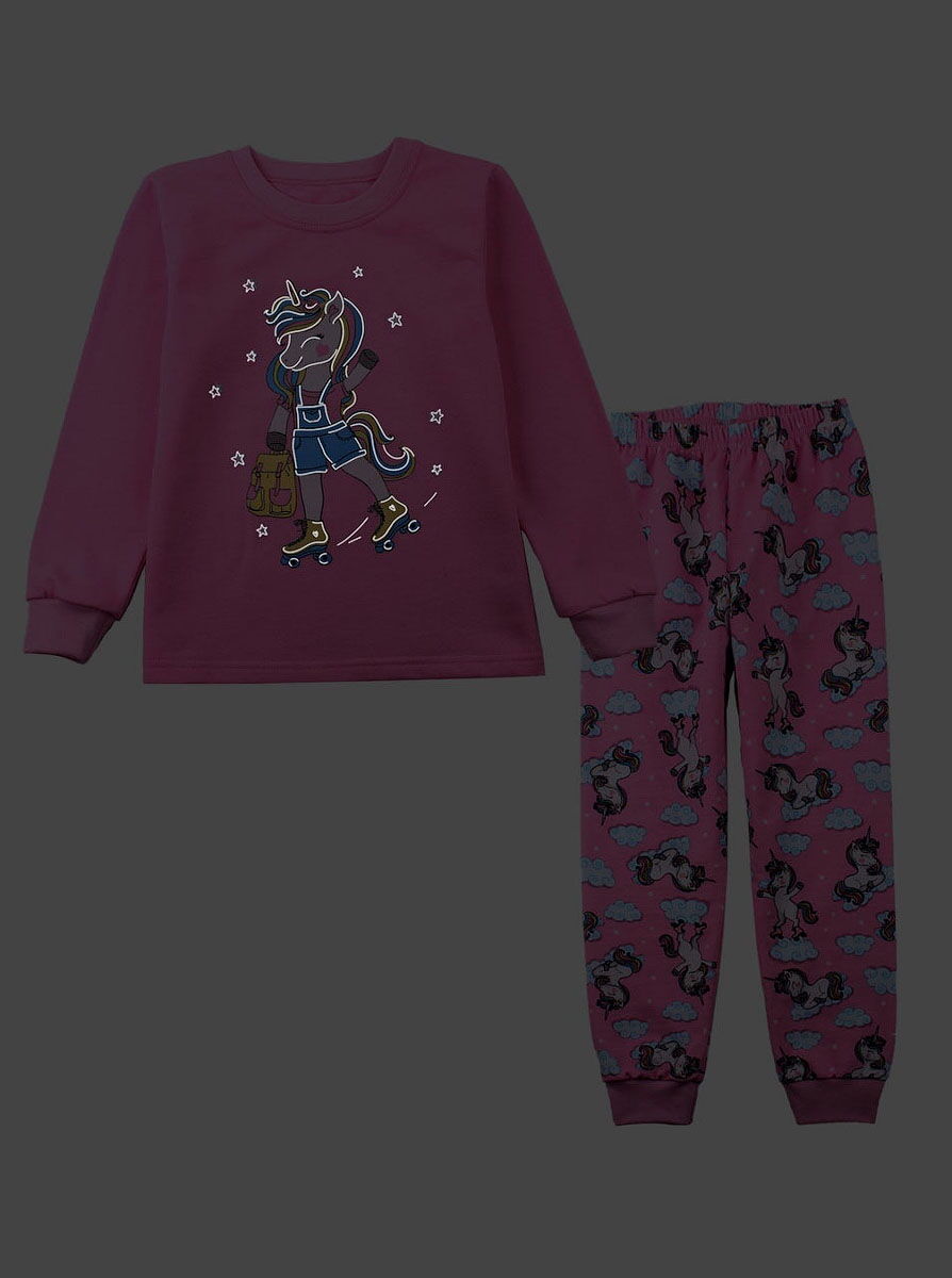 Утепленная пижама для девочки Фламинго Единорог на коньках розовая 329-328 - фото