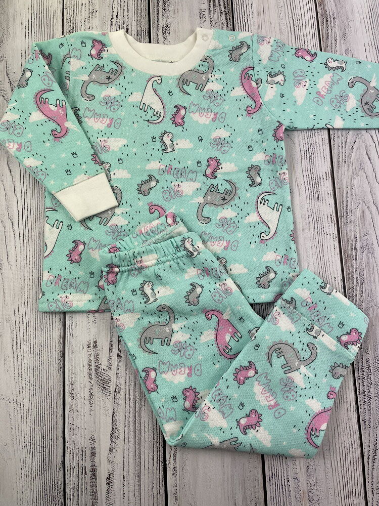 Утепленнная пижама для девочки Фламинго Динозаврики мятная 109-307 - фото