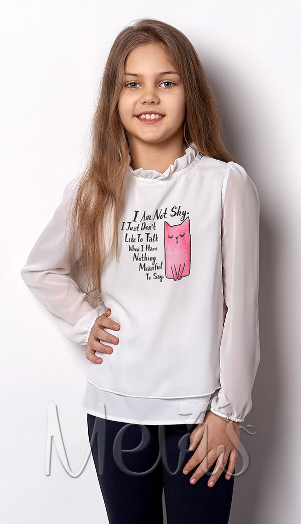 Блузка с длинным рукавом для девочки Mevis Котик молочная 2382-02 - цена