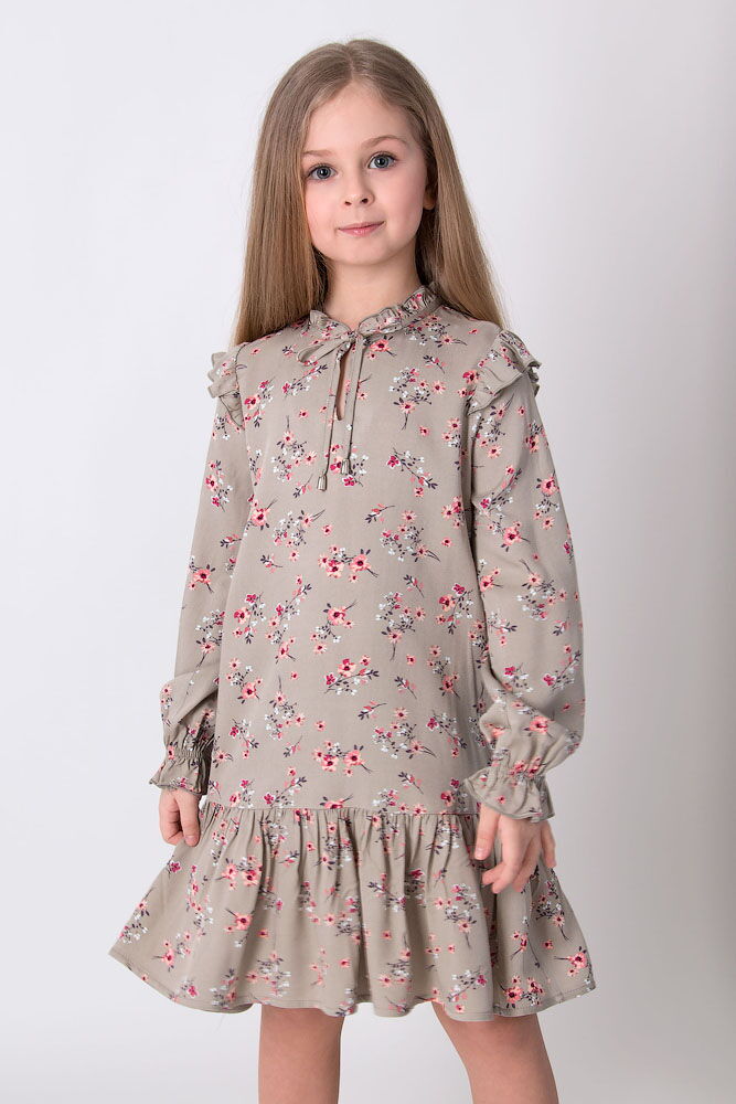 Платье для девочки Mevis Цветочки оливковое 4968-05 - фото