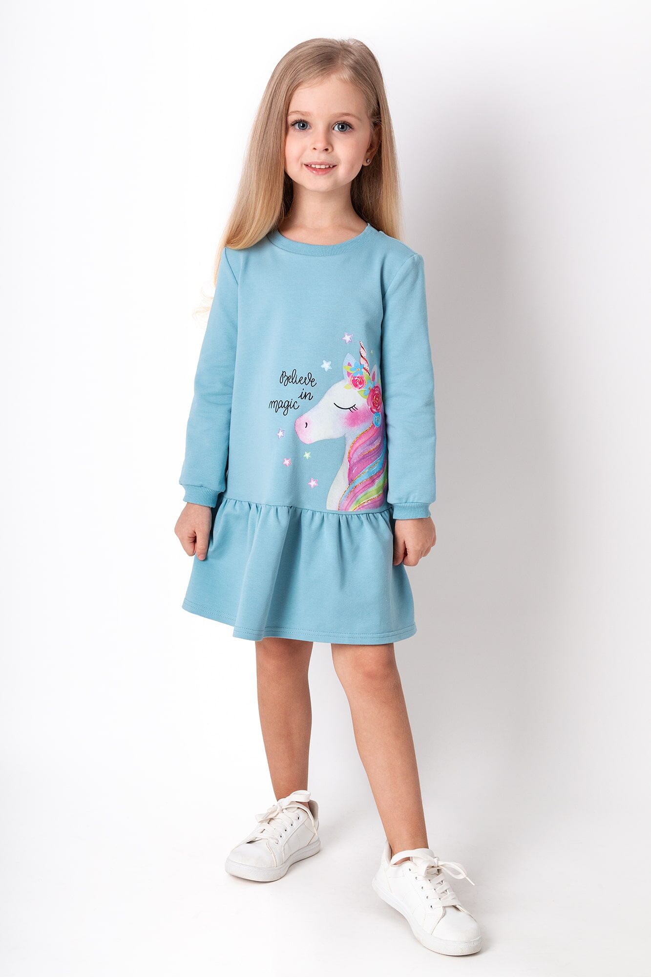 Трикотажное платье для девочки Mevis Единорог голубое 4301-04 - цена