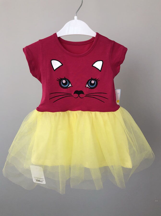 Платье для девочки Кошечка малиновое с желтым 002 - цена