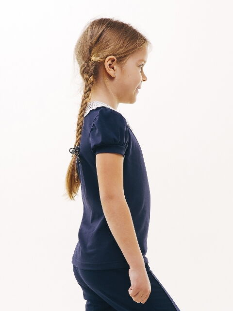 Блуза трикотажная с натуральным кружевом и коротким рукавом SMIL синяя 114637/114638 - фото