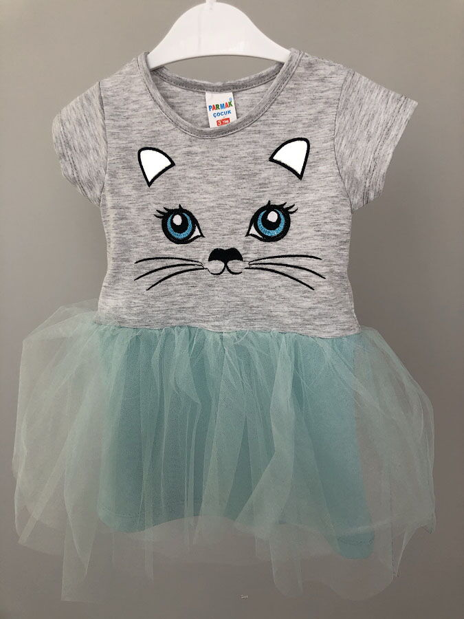 Платье для девочки Кошечка серое с мятным 002 - цена