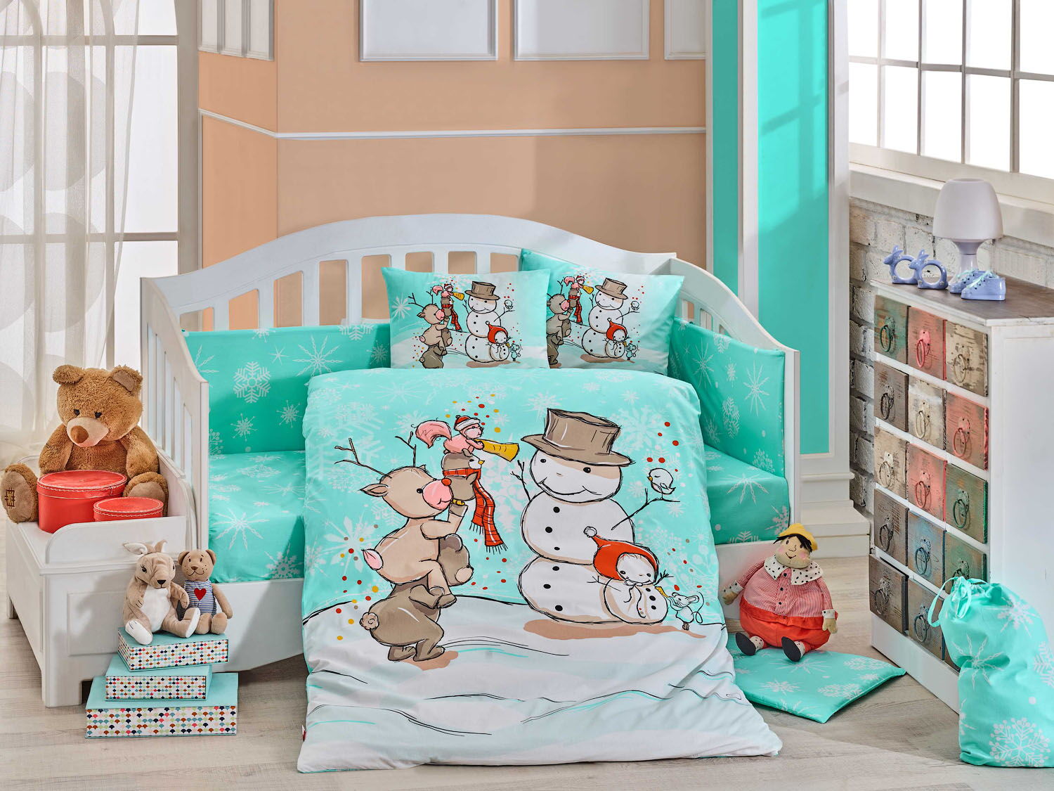 Комплект постельного белья в детскую кроватку HOBBY Snowball мятный 100*150/2*35*45 - цена