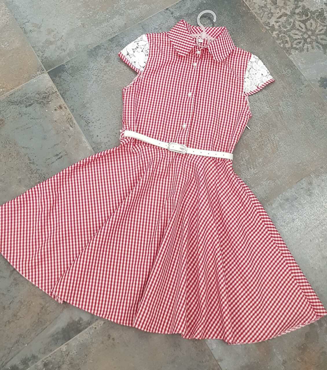 Платье с кружевным рукавом для девочки красная клетка - цена