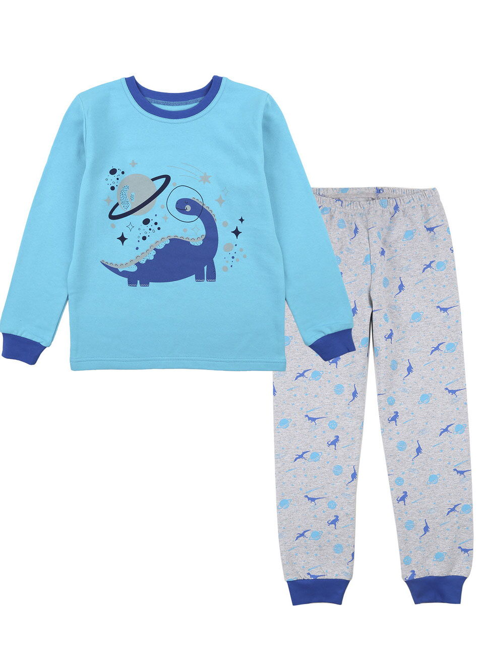 Утепленная пижама для мальчика Фламинго динозавр в космосе бирюзовая 329-053 - цена
