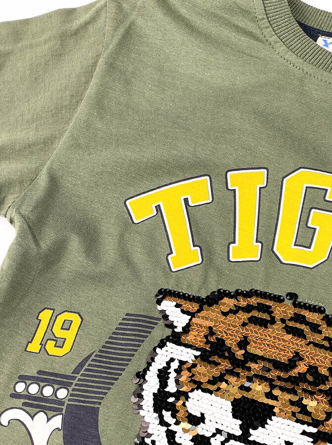 Футболка с пайетками для мальчика TIGER хаки - размеры