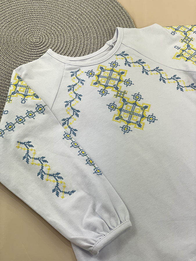 Вышиванка для девочки Фламинго белая с желто-голубым 337-417 - фото