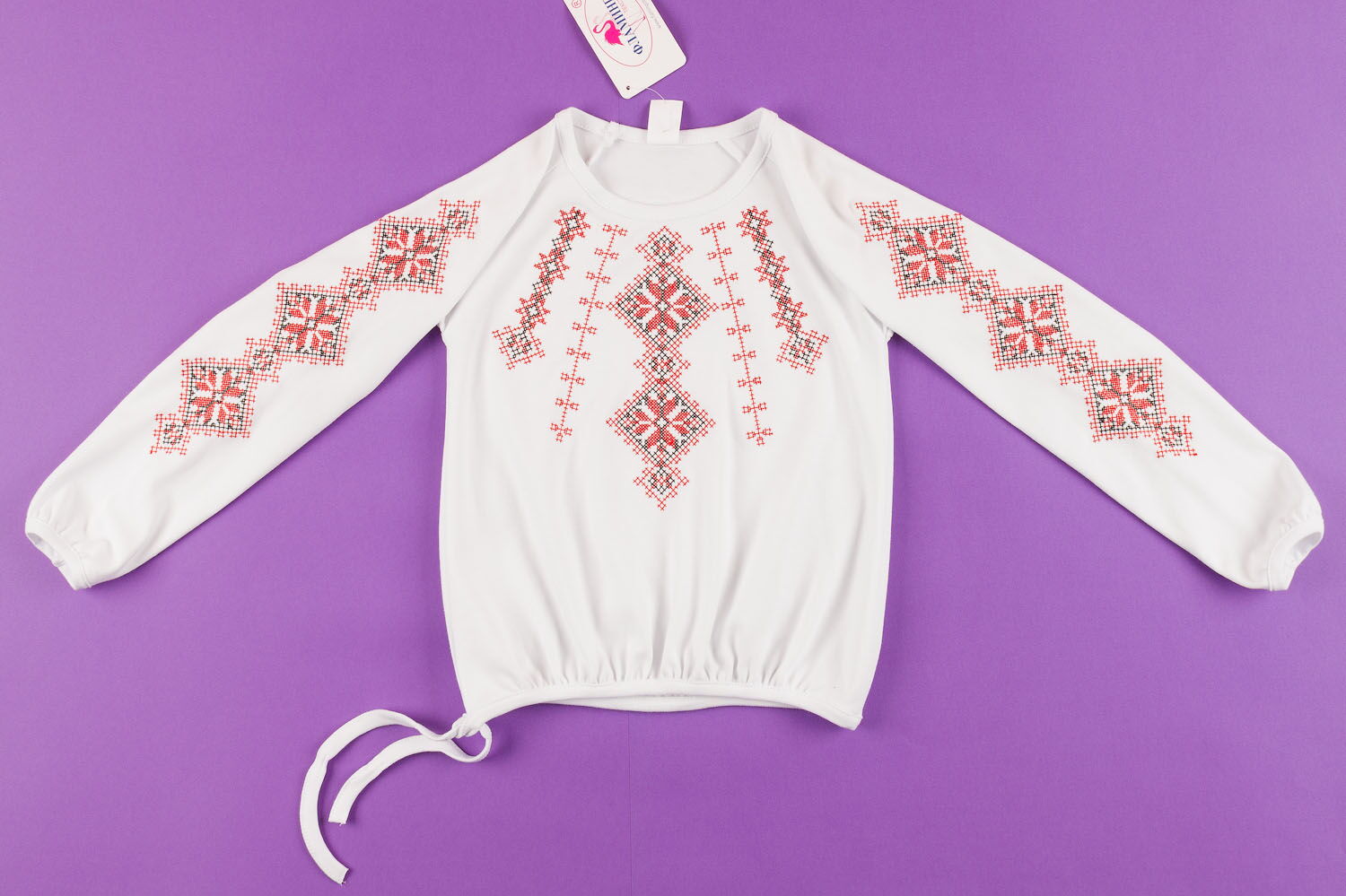 Вышиванка трикотажная с длинным рукавом для девочки Фламинго орнамент 729-204 - фото