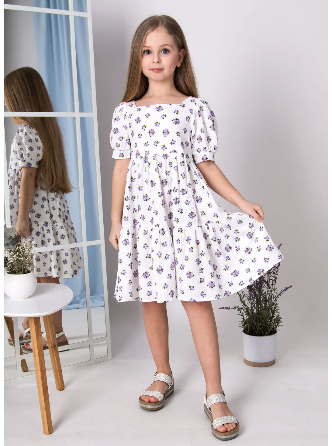 Платье для девочки муслин Mevis белое с сиреневым 5065-03 - цена