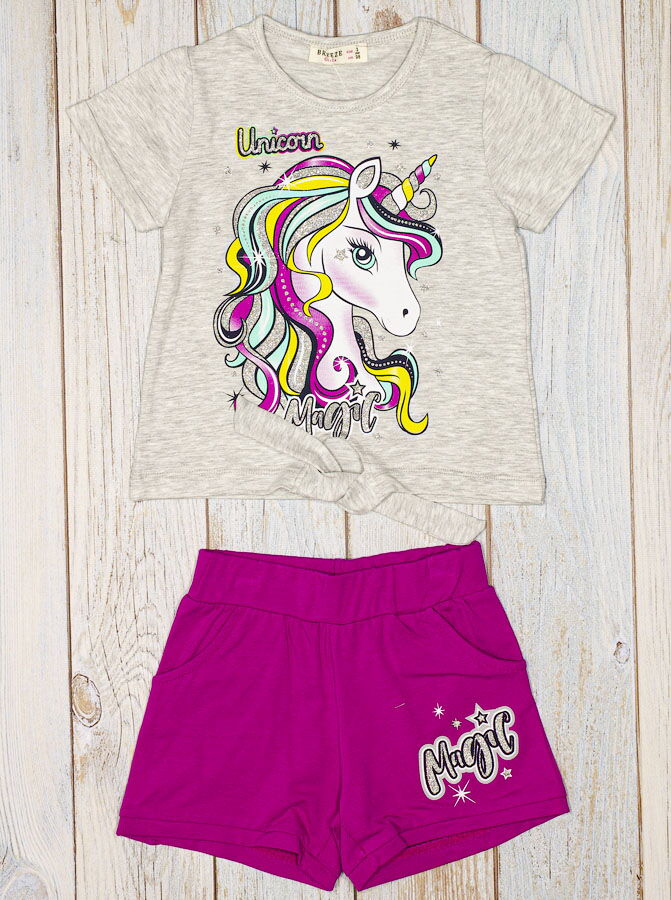 Комплект футболка и шорты для девочки Breeze Unicorn Magic серый 14999 - фото