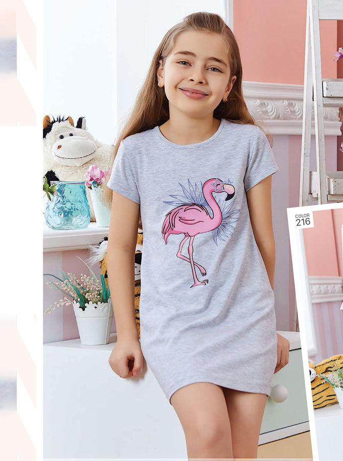 Ночная сорочка для девочки Baykar Фламинго серая 9281 - цена