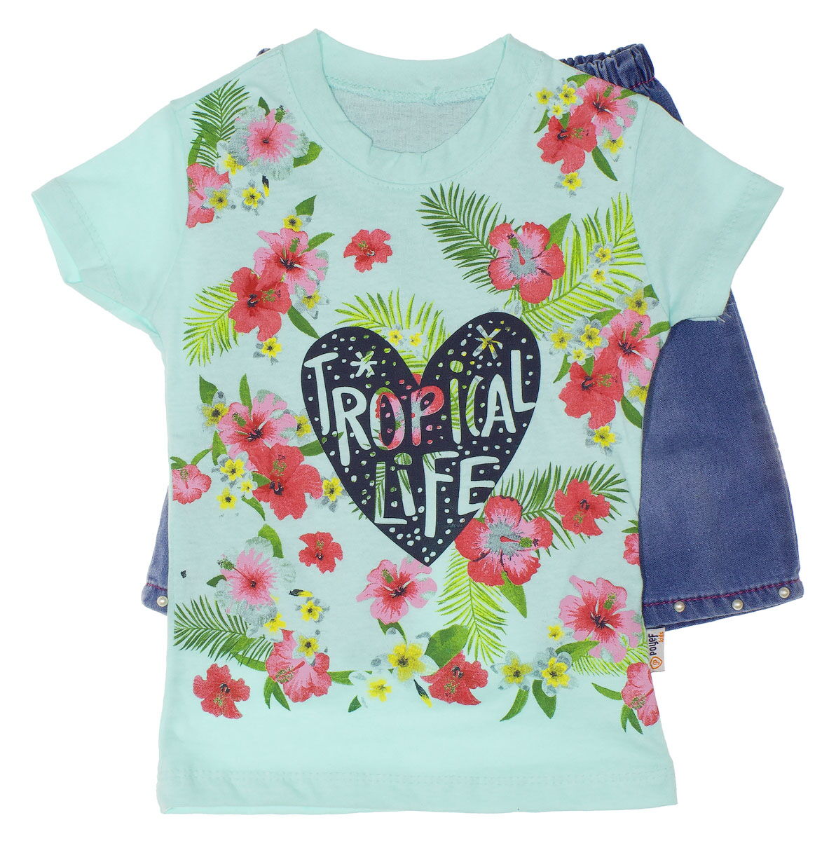 Комплект для девочки футболка и джинсовые шорты Tropical голубой - цена