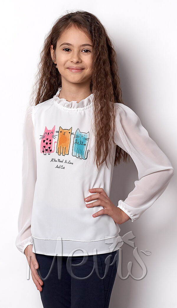 Блузка с длинным рукавом для девочки Mevis Коты молочная 2382-01 - цена