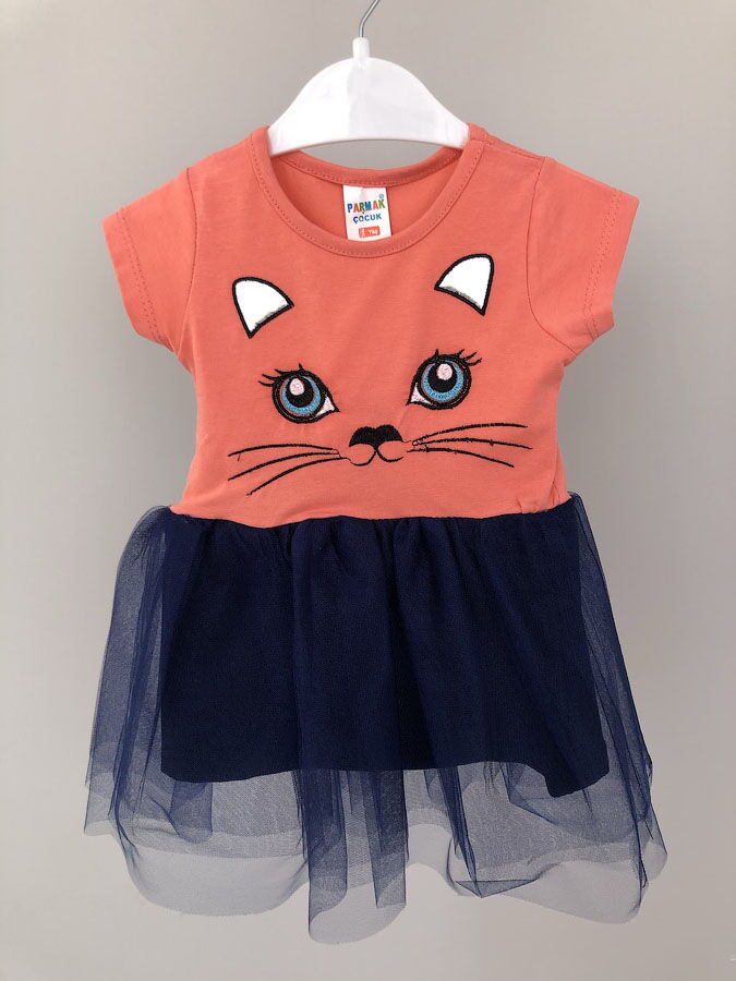 Платье для девочки Кошечка коралл с темно-синим 002 - цена