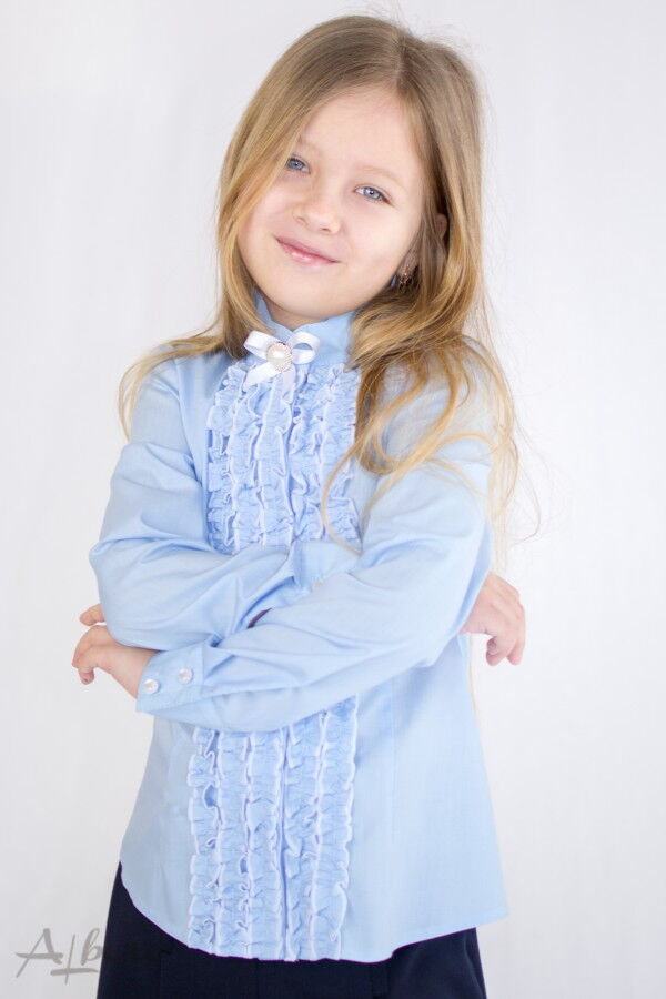 Школьная блузка с жабо для девочки Albero голубая 5014-В - фото